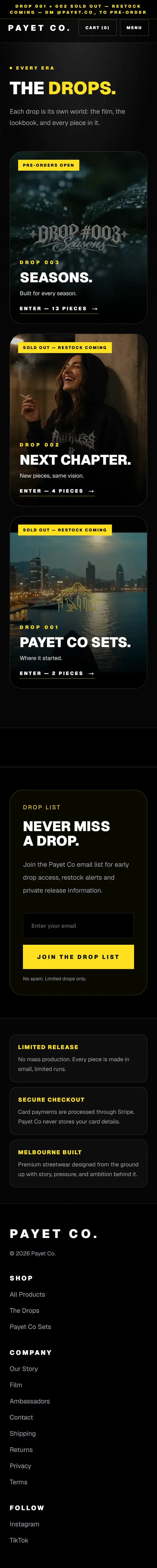 PAYET CO.: Drops page, phone view