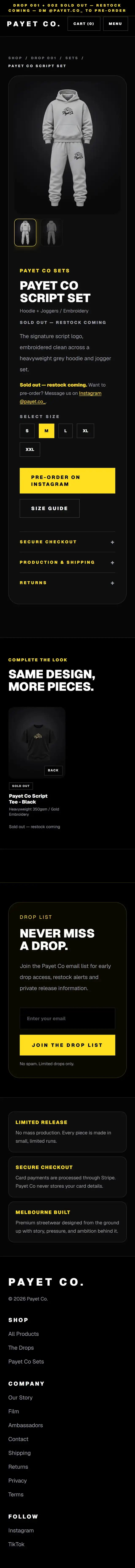 PAYET CO.: Product page, phone view