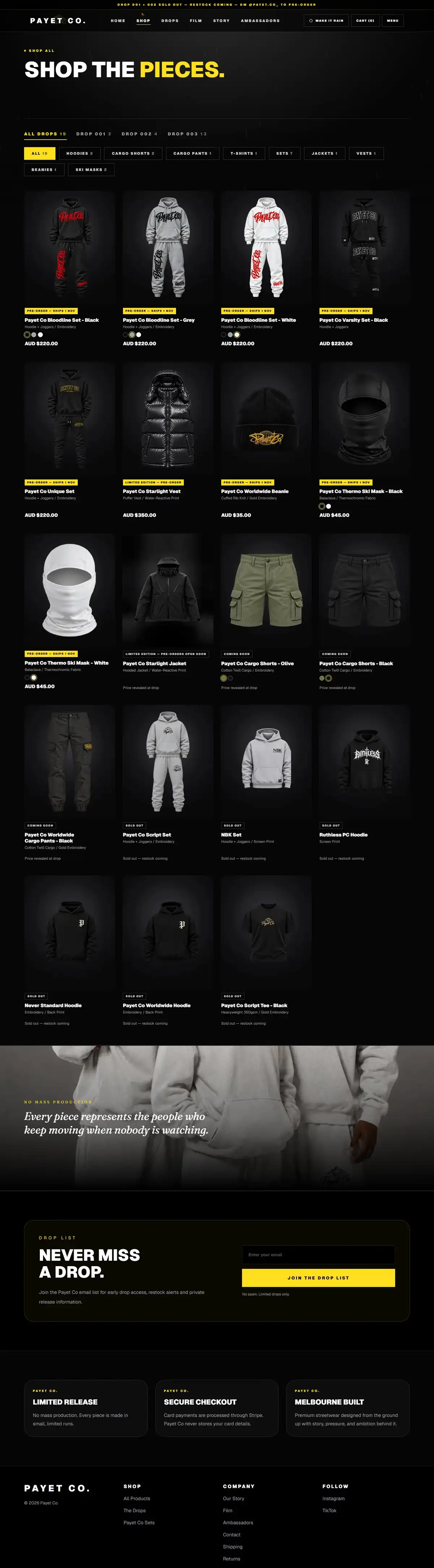 PAYET CO.: Shop page, desktop view
