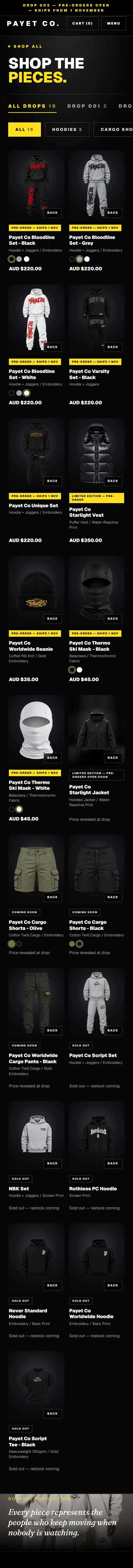 PAYET CO.: Shop page, phone view